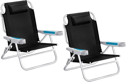 ICECO Backpacking Beach Chairs for Adults, 5 Positions Reclining, Heavy Duty Folding Beach Chairs, Portable Lay Flat Outdoor Chair with Cup Holder for Camping, Lawn, 350lb Capacity