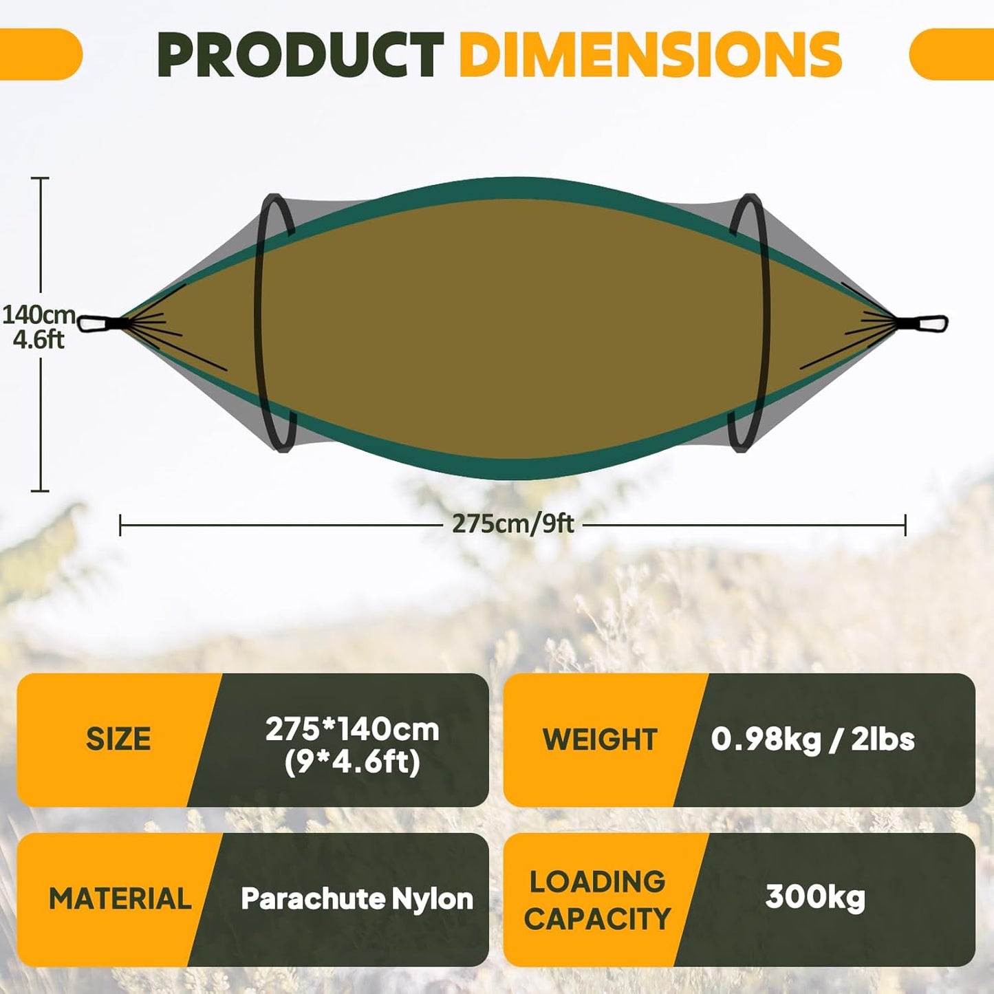 Chihee Ultra-Light Travel Camping Hammock Pop-up Net Hammock 660lbs Load Capacity,Breathable,Quick-Drying Parachute Nylon 2 Premium Carabiners,2 Tree Slings Included for Outdoor Backpacking Hiking