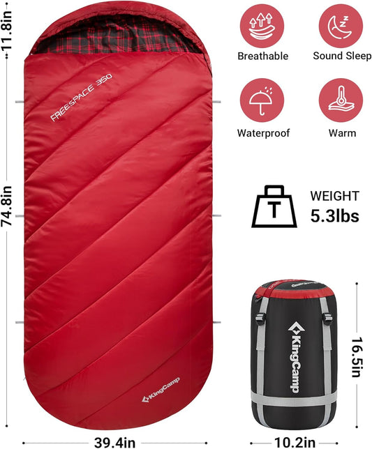 KingCamp Sleeping Bag for Adults, Cold Weather & Warm Extra Wide Big & Tall XL Portable Waterproof Flannel Sleeping Bags, Essentials Gear Accessories for Camping Backpacking Hiking Indoor & Outdoor