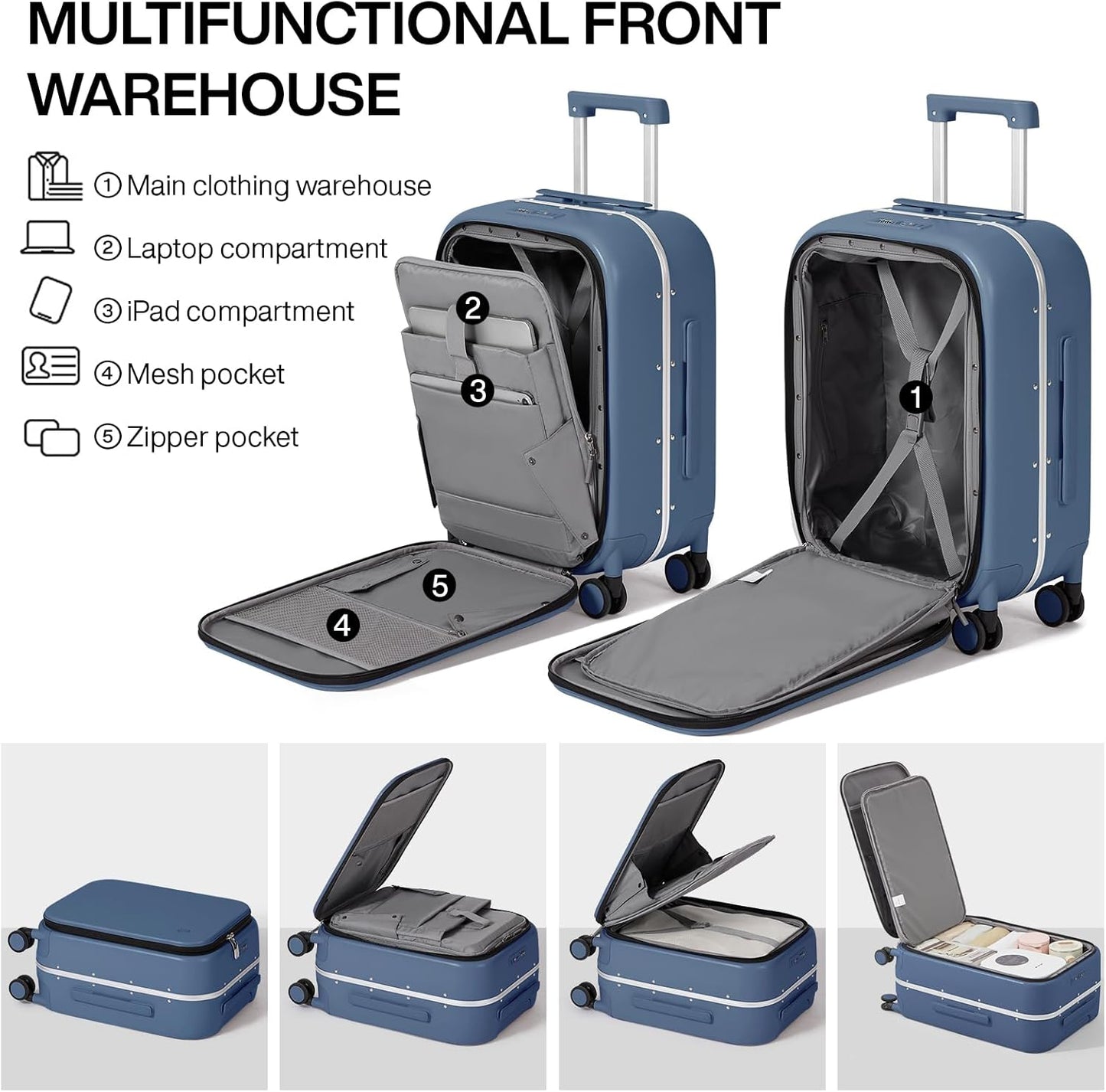 mixi Carry On Luggage, 20'' Suitcase with Front Laptop Pocket, Travel Rolling Luggage Aluminum Frame PC Hardside with Spinner Wheels & TSA Lock and Cover - Sapphire Blue