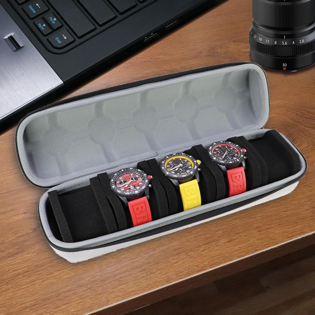 Juntan 5 Slots Hard Watch Travel Case, Portable Nylon Travel Watch Roll Case, Zipper Storage Organizer Box for Men Women with Soft Compressible Foam Pillow Silver