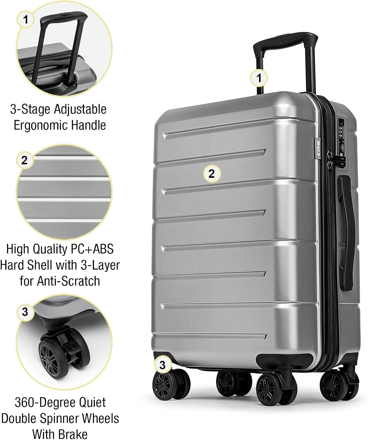 KYME Luggage Sets 3 Piece Hardshell 22in/26in/30in Suitcases with Spinner Wheels Hardside Suitcase Sets with TSA Lock Travel Rolling Luggage Set for Women Men Silver Grey