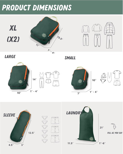 Large Compression Packing Cubes for Travel-Packing Cube Luggage Organizers 7 Piece Set for Checked Luggage-Ultralight, Expandable/Compression Bags by TRIPPED Travel Gear (Green/Orange)
