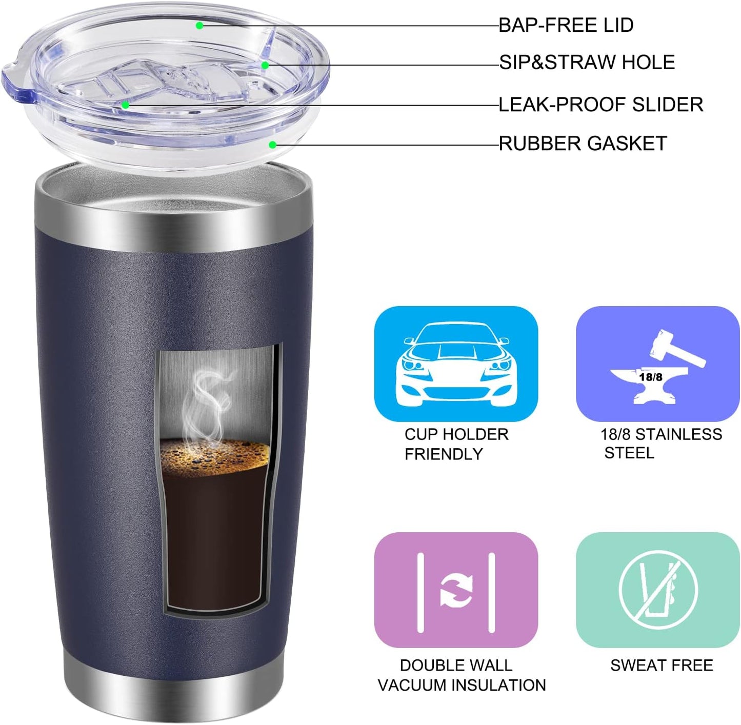 VEGOND 20oz Tumbler with Lid and Straw Stainless Steel Tumbler Cup Bulk Vacuum Insulated Double Wall Travel Coffee Mug Powder Coated Coffee Cup(Navy Blue 6 Pack