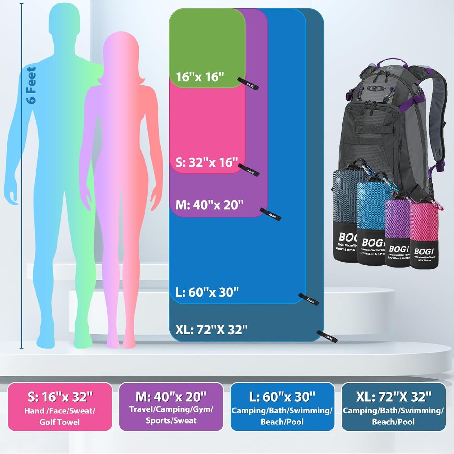 BOGI Microfiber Travel Sports Towel-Quick Dry, Soft Lightweight, Absorbent, Compact Towel for Camping Gym Beach Bath Yoga Swimming Backpacking (M:40''x20''-Purple)