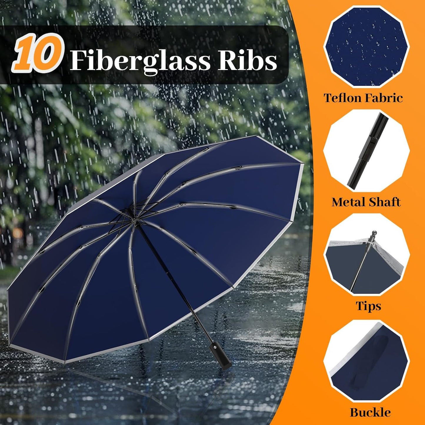 Travel Umbrella Superior, Beautiful & Compact, Large Strong but Light Portable and Automatic Folding Rain Umbrella, Premium Grip, Fits Car & Backpack