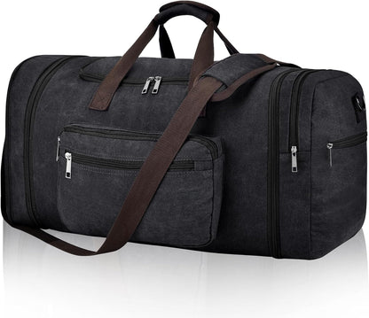 Felipe Varela 60L Duffle Bag for Men, Large Canvas Expandable Duffle Bag for Travel, Mens Carry on Luggage Weekender Gym Overnight Duffel Bags for Traveling, Black