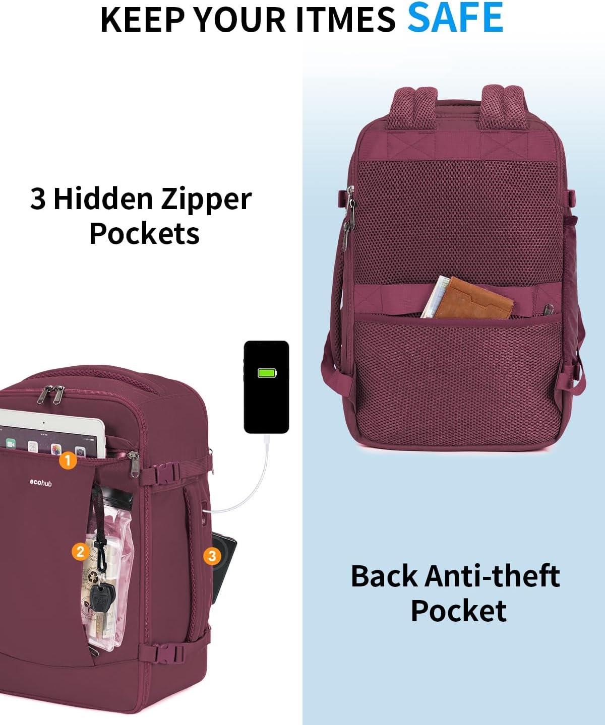 ECOHUB Travel Backpack for Women, Carry on Backpack with USB Charging Hole, Spirit Airlines Personal Item Bag Flight Approved, 15.6 Inch Laptop Backpack with Anti Theft Pockets, 30L, Red