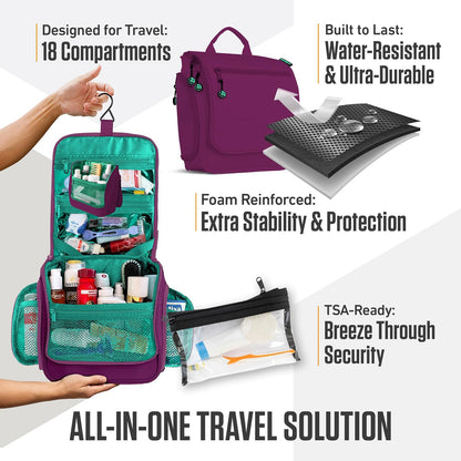 VENTURE 4TH Hanging Travel Toiletry Bag for Women & Men - Travel Organizer with Expandable Compartments & Removable Clear Pouch for Toiletries (Purple/Mint)