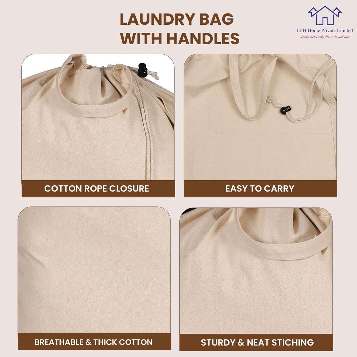 LFH Home Large Premium 100% Cotton Canvas Laundry Bag with Drawstring and Handles Heavy Duty, Multi-Use, and Washable for Home, Travel, College or Storage 20x30 (Pack of 4)-Natural