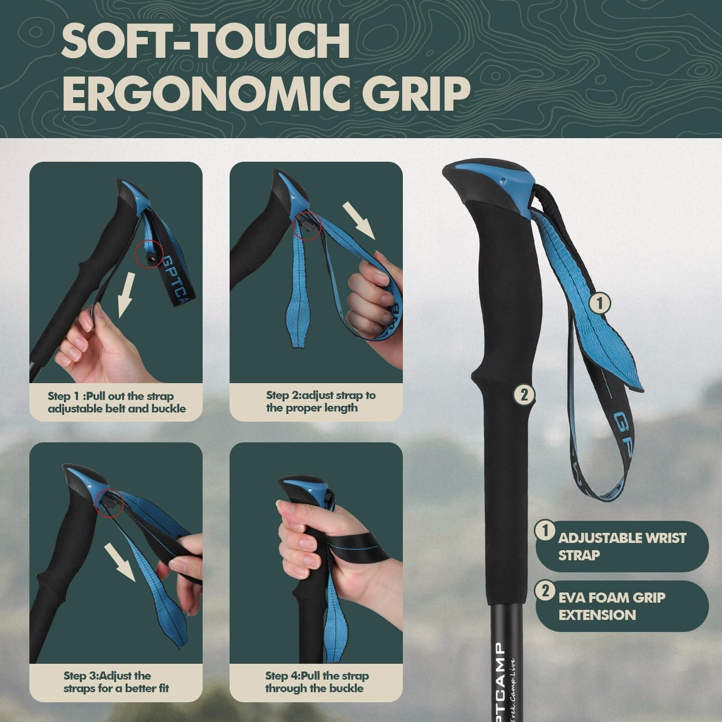 GPTCAMP Hiking Stick,1pc Trekking Pole Collapsible Hiking Pole,Lightweight Folding Adjustable Travel Walking Stick with EVA Foam Grip for Men Women,Blue