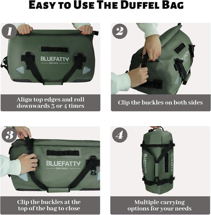 Waterproof Motorcycle Duffel Bag Roll Top Dry Duffel Bag with Quick-fixed Straps for Rafting, Boating, Kayaking, Travel, 50L(Army Green)