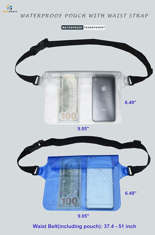 Freegrace Waterproof Pouches with Waist Strap / Pouch Case Bundle Set- Keep Your Phone & Valuables Dry and Safe - Waterproof Dry Bags for Boating Swimming Snorkeling Kayaking Beach Water Parks Pool