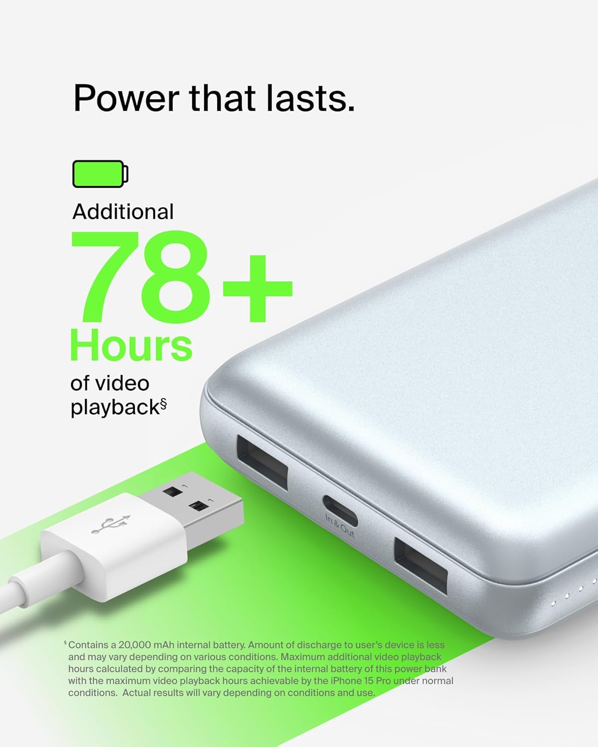 Belkin Portable Charger, USB-C Power Bank 20000 mAh w/ 2 USB-A Ports, 15W w/Type-A to Type-C Cable for iPhone 16, Samsung Galaxy S25, iPad, Nintendo Switch 2, Google Pixel 10, etc. - Pearl Blue