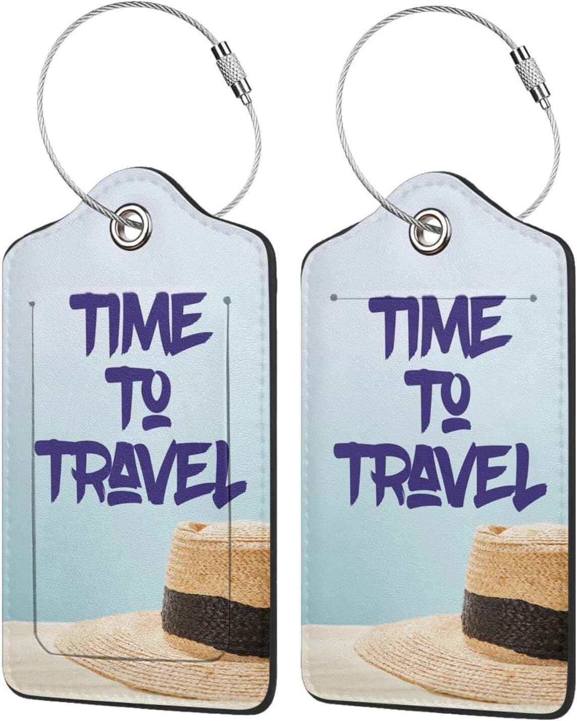 2 Pcs Time to Travel Luggage Tag for Suitcase, Steel Loop with Privacy Cover ID Label, Summer Beach Vacation Holiday Birthday Gift Men Women
