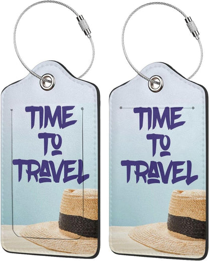 2 Pcs Time to Travel Luggage Tag for Suitcase, Steel Loop with Privacy Cover ID Label, Summer Beach Vacation Holiday Birthday Gift Men Women