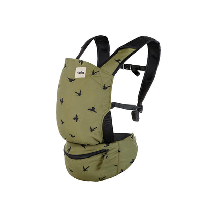 Baby Tula Lite Ripstop Nylon Compact Baby Carrier, Lightweight & Ergonomic Carrier for Travel w/Convenient Storage Hip Pouch, Multiple Carrying Positions for 12lbs to 30lbs - Soar (Olive Green/Birds)
