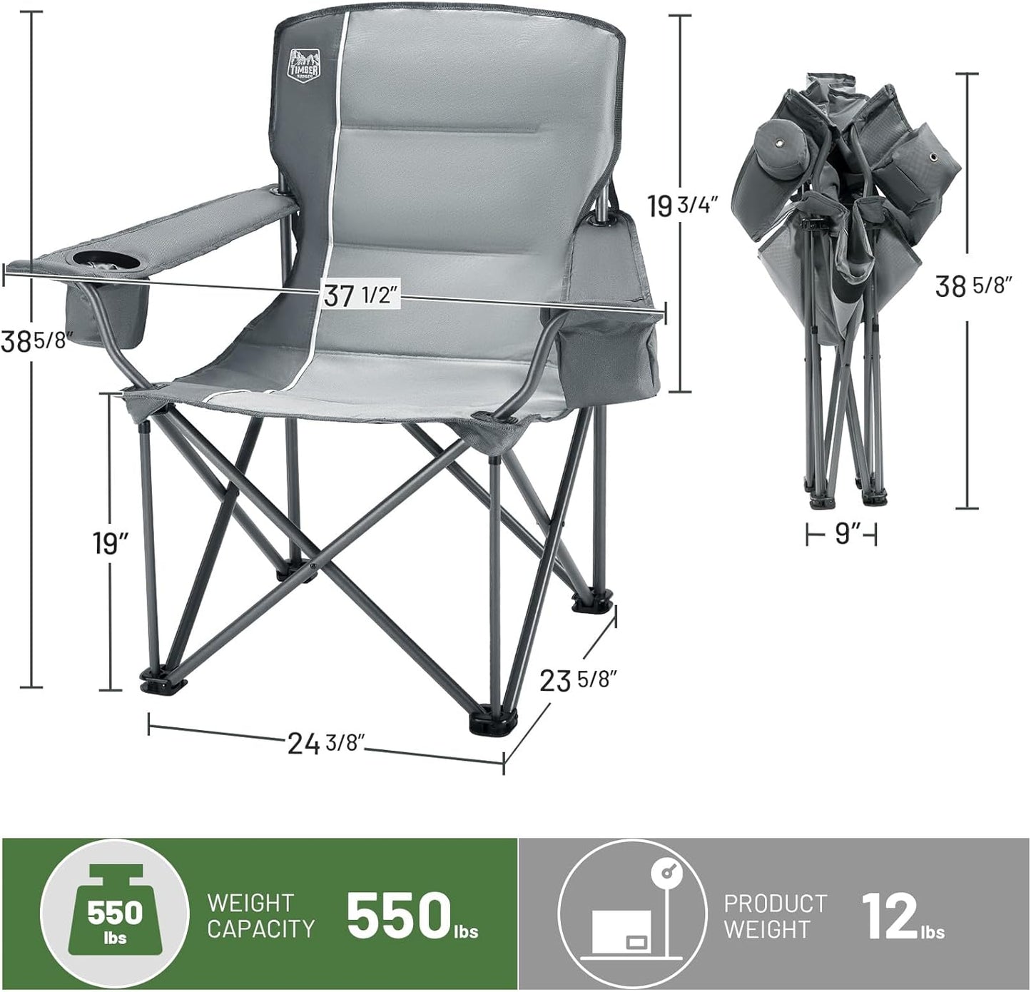 TIMBER RIDGE Oversized Folding Camping Chair for Adults, Support 550 LBS Heavy Duty with Cup Holder Side Pocket for Camping, Lawn, Picnic, 2 Pack(Grey)