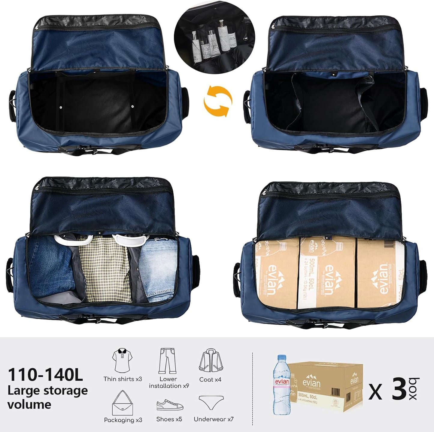 CONTAIL 32" Soft-Sided Rolling Duffle Bag with 2 Wheels,Expandable from 110L to 140L, Foldable Travel Duffel with Multiple Compartments,Navy