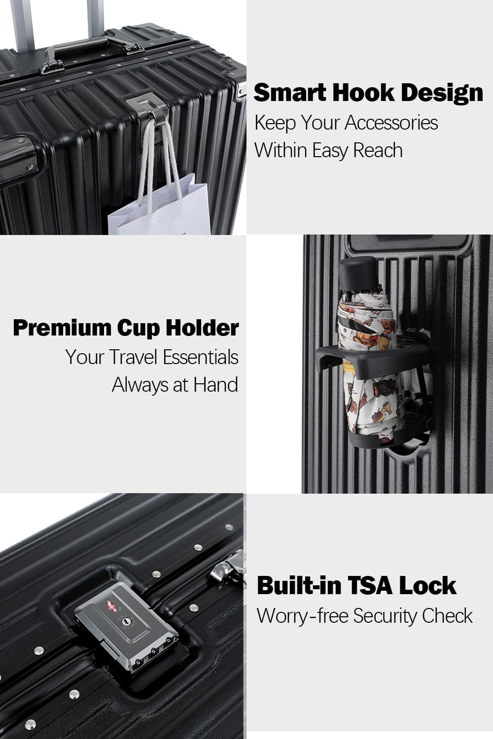 HotWay 26 Inch Aluminum Frame Luggage with Spinner Wheels, PC Hard Shell Suitcase with Cup Holder, Zipperless Luggage for Business Travel, Black