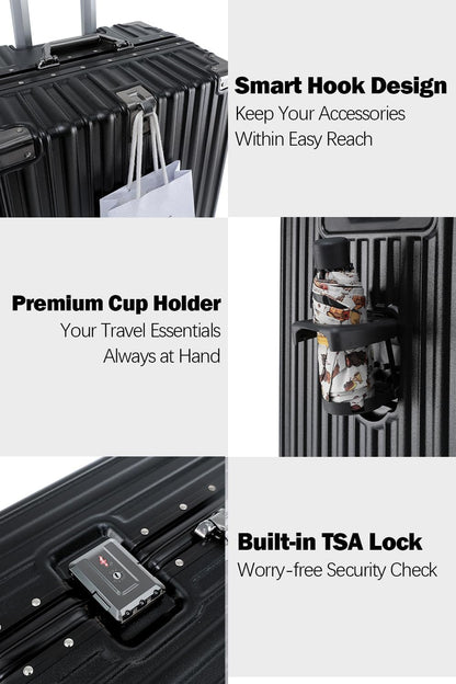 HotWay 20 Inch Aluminum Frame Carry On Luggage with Spinner Wheels, PC Hard Shell Suitcase with Cup Holder, Zipperless Luggage for Business Travel, Black