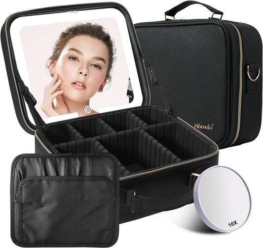 Mocado Travel Makeup Bag with LED Lighted Mirror,Travel Makeup Organizer,Makeup Case with 3 Color Lighted Setting and 10x Magnifying Mirror,Portable Storage and Adjustable Dividers Makeup Box(Black)
