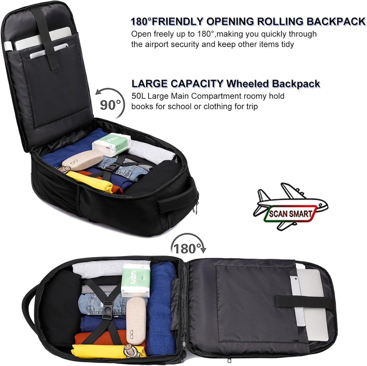 Rolling Backpack,18 inch Laptop Backpack with Wheels for Adults,Large Water Resistant Wheeled Backpack for Travel Carry on Trolley Luggage Suitcase College Business Computer Bag for Men Women, Black