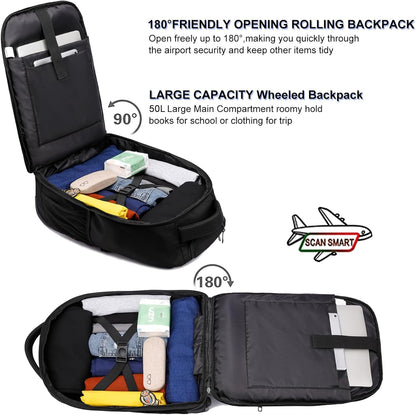 Rolling Backpack,18 inch Laptop Backpack with Wheels for Adults,Large Water Resistant Wheeled Backpack for Travel Carry on Trolley Luggage Suitcase College Business Computer Bag for Men Women, Black