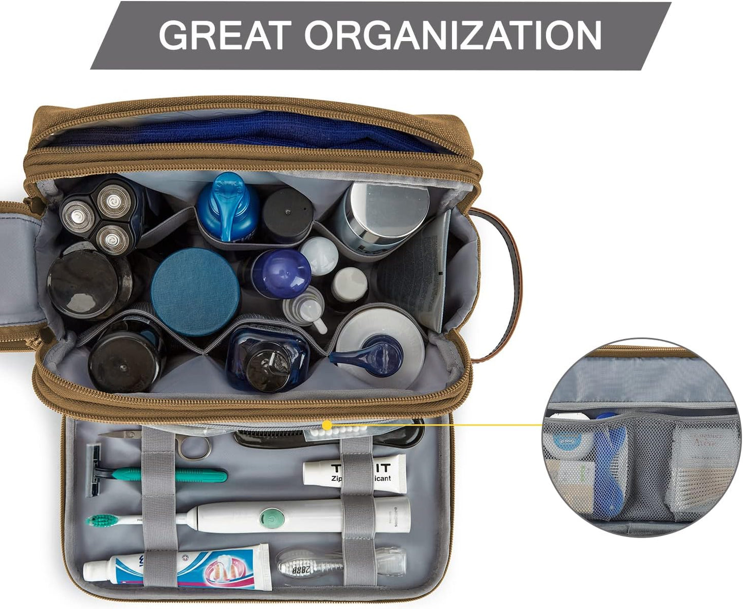 BAGSMART Toiletry Bag for Men, Canvas Travel Toiletry Organizer Dopp Kit Water-resistant Shaving Bag for Toiletries Accessories,Khaki-Large