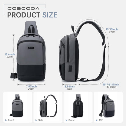 Sling Bag for Men, Anti-theft Crossbody Bag with USB Charging Port, PU Leather Shoulder Bag for Women Travel Outdoor Casual Sports Daypacks