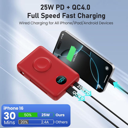 Magnetic Portable Charger for iPhone with Built-in Cables, 6-in-1 10800mAh Power Bank with iWatch Charger & LCD Display,25W Fast Charging Battery Pack for iPhone 16/15/14/13/12,Apple Watch (Red)