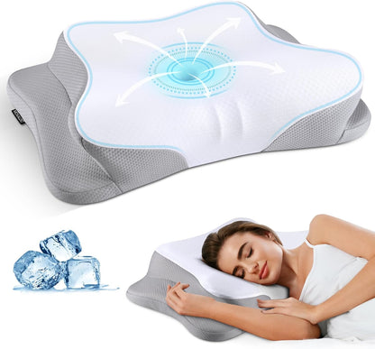 Cervical Neck Pillow for Pain Relief - Cooling Ergonomic Neck Support Pillow for Sleeping, Orthopedic Contour Memory Foam Pillows for Side, Back & Stomach Sleepers with Pillowcase