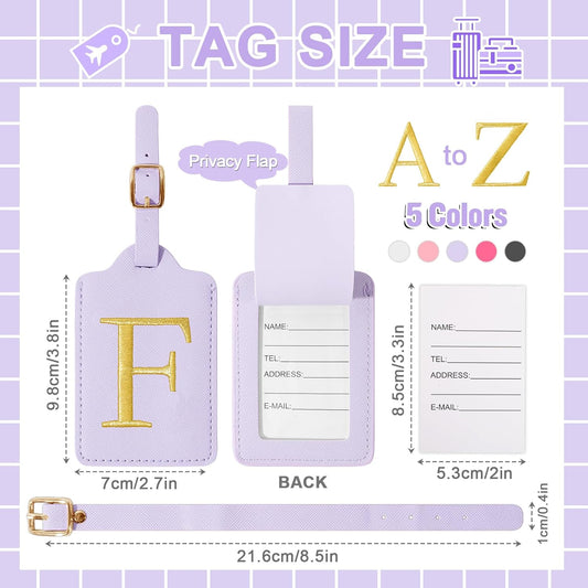 Personalized Initial Luggage Tags for Suitcase, Purple Leather Cute Luggage Tags with Privacy Cover Name Card, Embroidered Custom Monogrammed Luggage Tag Travel Backpack Tags Gifts for Women Kids(F)