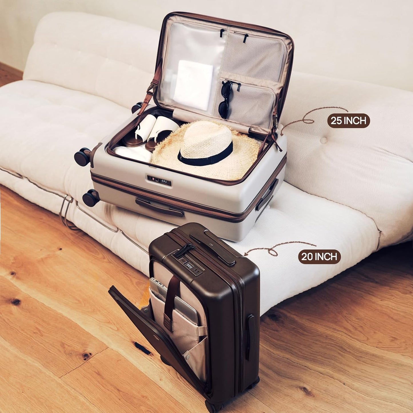 NINETYGO Medium Checked Luggage 25 Inch, Flat Top Opening Checking In Luggage with Cup Holder, Expandable, Coffee-Infused PC Hard Shell, Eco-Friendly, TSA Lock, 360° Spinner Wheels (Americaco)