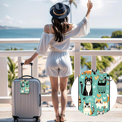 Luggage Tags for Suitcases, 2-Pack PU Leather for Cruise & Travel, Baggage ID Tags with Privacy Cover & Address Card, Durable Metal Ring, Kids Adults Travel Accessories, Cute Cat Print