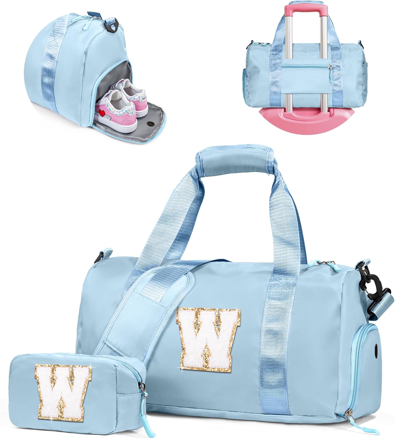Christmas Gifts for Girls-Girl Gym Bag with Shoe Compartment, Kid Personalized Weekender Overnight Bags, Initial Travel Tote with Makeup Pouch, Gift Ideas for Niece Sister (Letter W)