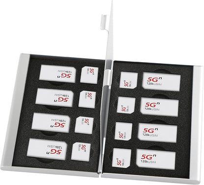 Aluminum SIM Card Case, 16Slots Ultrathin SIM Card Holder, Fit for 8 SIM Card, 8 Micro sim Card, Silver