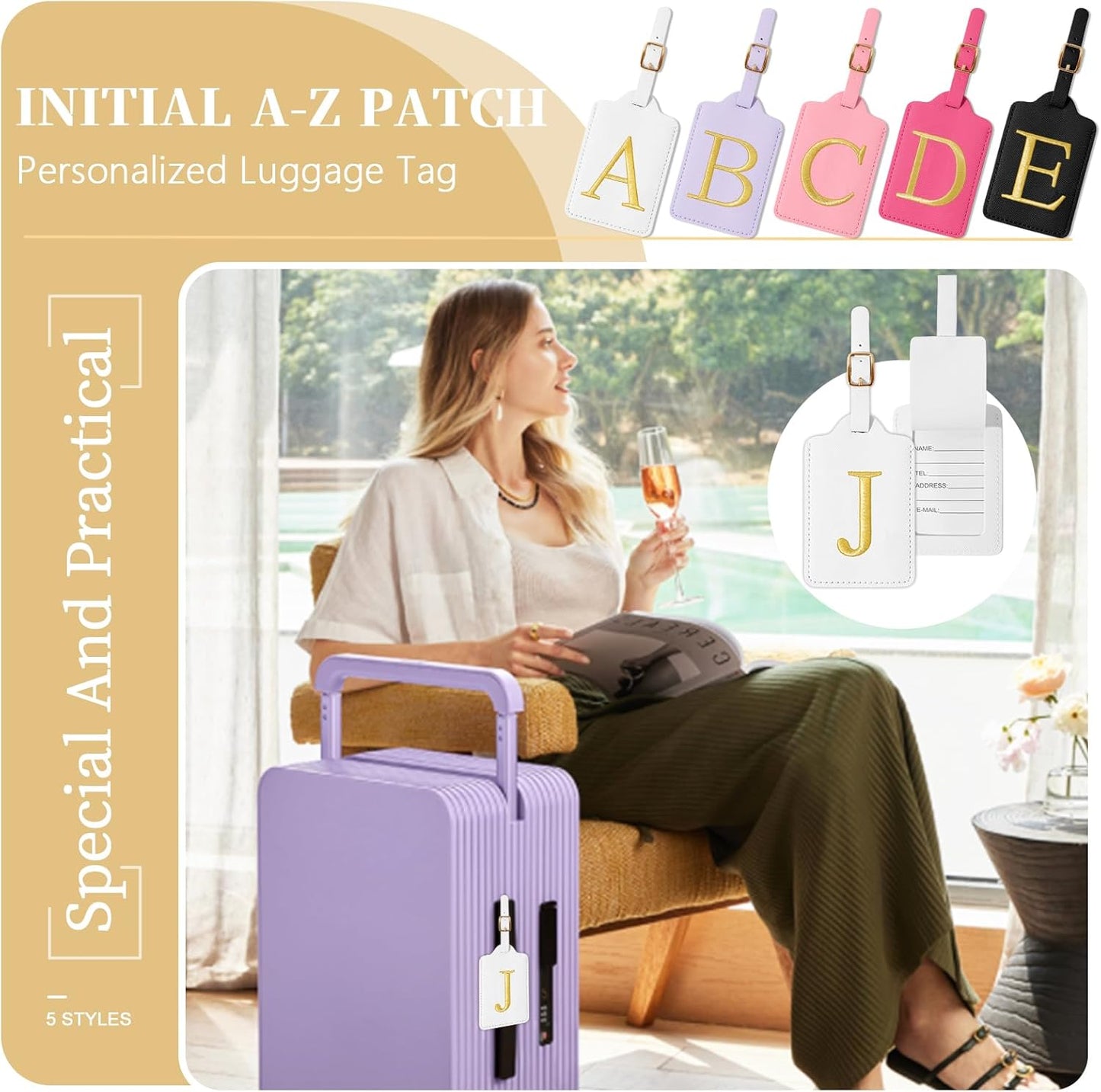 Personalized Initial Luggage Tags for Suitcase TSA Approved, White Leather Cute Luggage Tag with Privacy Cover Name Card, Embroidered Custom Luggage Tags Travel Baggage Tags Gifts for Women Kids(J)