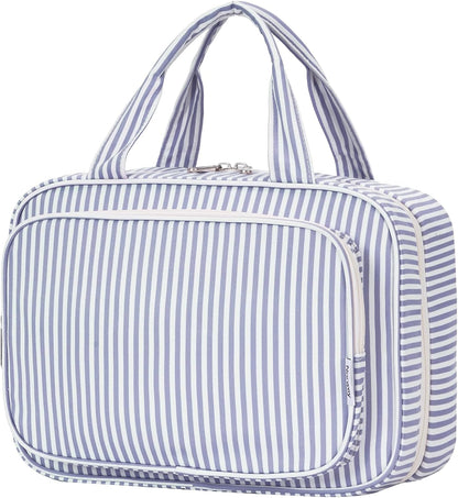 Narwey Striped Travel Toiletry Bag for Women Large Hanging Makeup Bag Organizer Toiletries Bag for Full Size Essentials Accessories Cosmetics (Greyish Blue Stripe (Large))