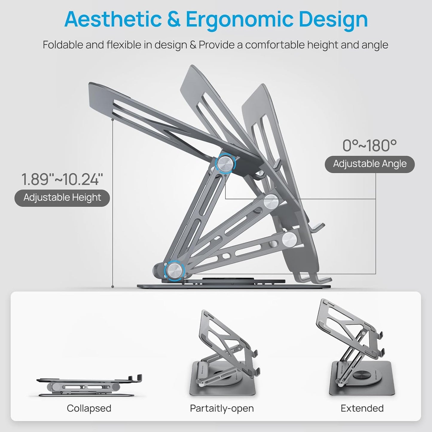 Adjustable Laptop Stand with 360 Rotating Base & USB Docking Station for MacBookPro/Air/Dell/HP/Lenovo, Portable Ergonomic Laptop Riser for Desk with USB Hub 100W PD/4K HDMI/Usb3.0/1000Mbps Ethernet