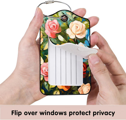 Luggage Tags for Suitcases, 2-Pack PU Leather for Cruise & Travel, Baggage ID Tags with Privacy Cover & Address Card, Durable Metal Ring, Kids Adults Travel Accessories, Painterly Roses