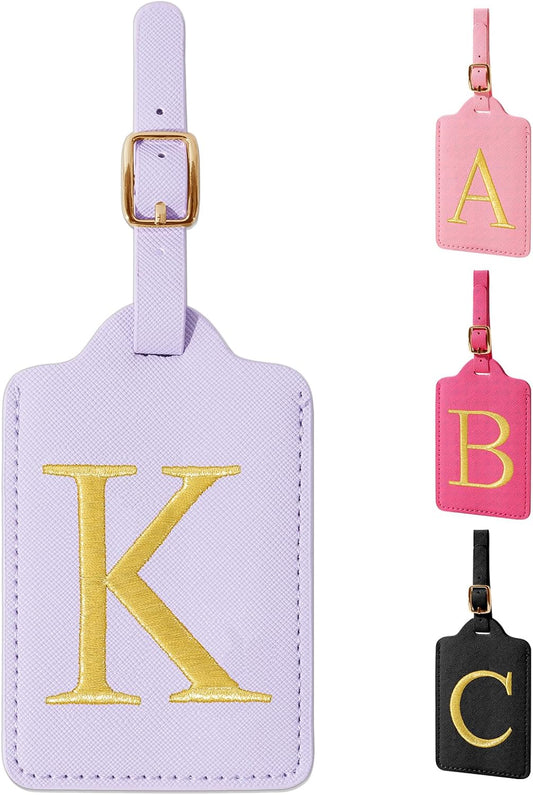 Personalized Initial Luggage Tags for Suitcase, Purple Leather Cute Luggage Tags with Privacy Cover Name Card, Embroidered Custom Monogrammed Luggage Tag Travel Backpack Tags Gifts for Women Kids(K)