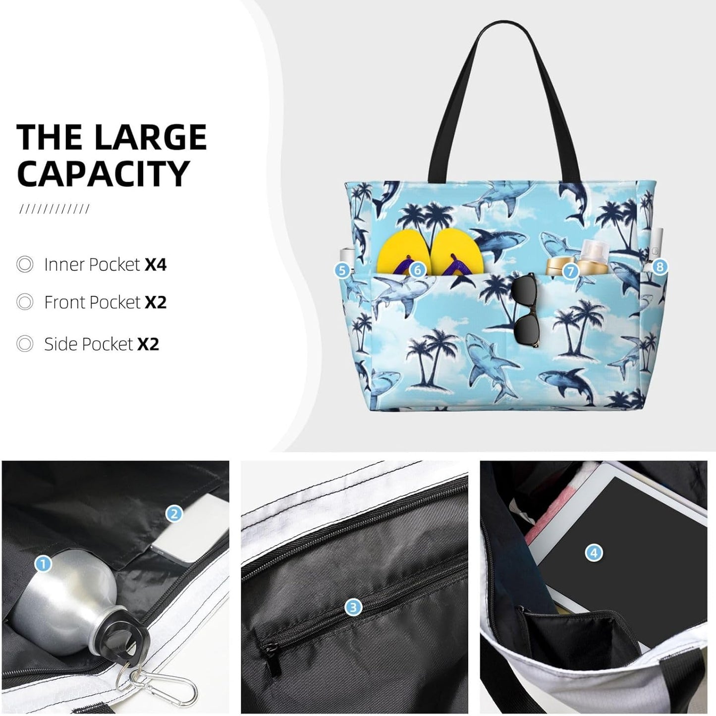 Beach Bag for Women Beach Tote Bag Waterproof Sandproof Large Bags with Zipper Big Capacity for Vacation Travel