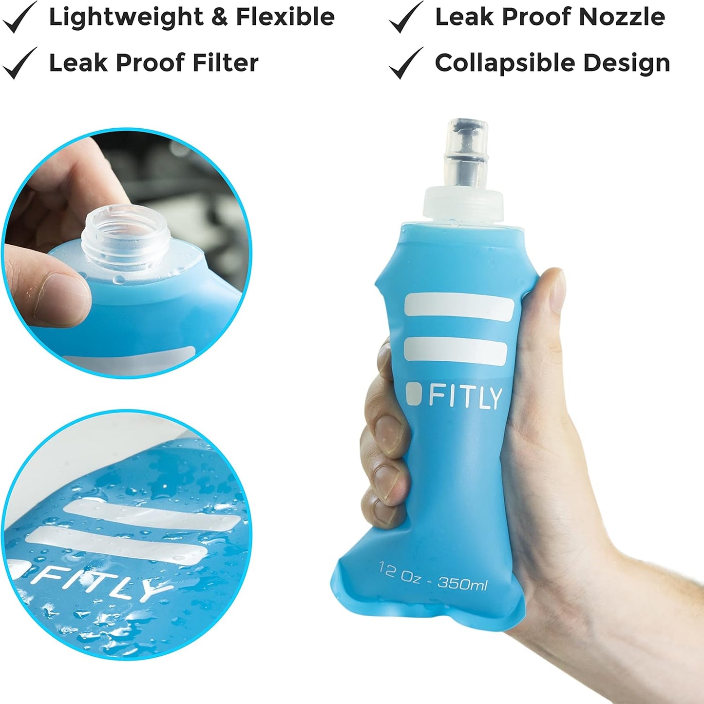 FITLY Soft Flask - Shrink As You Drink Soft Water Bottle for Hydration Pack - Folding Water Bottle Ideal for Running, Hiking, Cycling, Climbing & Rigorous Activity