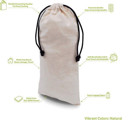 ZENPAC Cloth Shoe Bags for Travel, Beige Duster Flannel Pouch with Drawstring Closure, Washable Breathable Cotton Fabric for Luggage, 8x17, 4 Pack