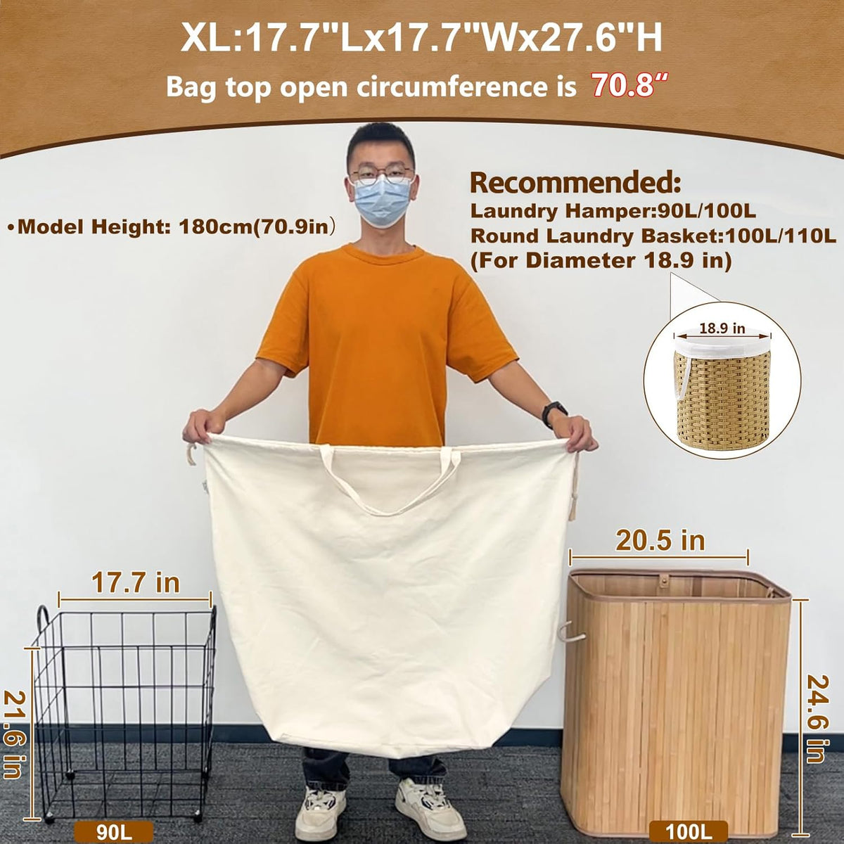 Canvas Laundry Bags 18x18in with Handles & Square Base, Extra Large Heavy Duty Laundry Basket Hamper Liner, Washable Drawstring Dirty Clothes Bag Canvas Storage Sack (Beige XL,1 Pack)