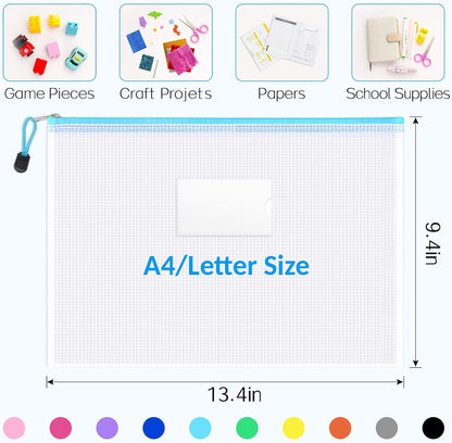 Sooez 14 Pack Mesh Zipper Pouch Bags, A4 Letter Size, Zipper Bags with Label Pocket, Waterproof Pouches for Classroom Organization, Board Game Storage, Document Bag for Teacher School Office Supplies