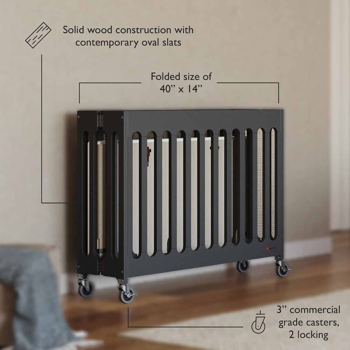 Foundations Boutique Folding Mini Baby Crib - Compact, Portable, Wooden Hotel Crib, Foldable Mini Crib for Baby & Toddlers - Includes 3" Foam Mattress, Ebony