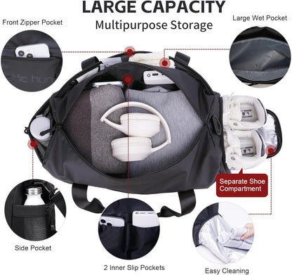 Small Gym Bag Duffel Bag for Men Women with Shoe Compartment Ideal for Sports,Travel,and Overnight Trips, Athletic Gear Workout Weekender Bags, Black