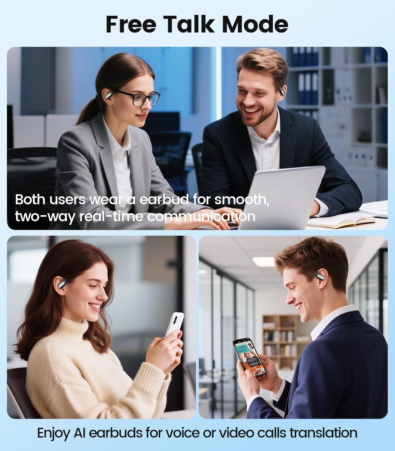 AI Translation Earbuds Real Time 164 Languages Translator Ear Buds Audifonos Traductores Inglés Español 4-in-1 Wireless Headphones Bluetooth Earphones for Travel Business Meeting Learning Black